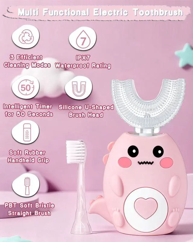 Alt view image 2 of 7 - Kids Electric U Shaped Toothbrush for Ages 2-6, Sonic 360º Cleaning Toothbrush with 4 Brush Heads, 3 Modes, 50s Timer, IPX7 Waterproof, Cartoon Dinosaur Design, Gift for Boys & Girls (Pink)