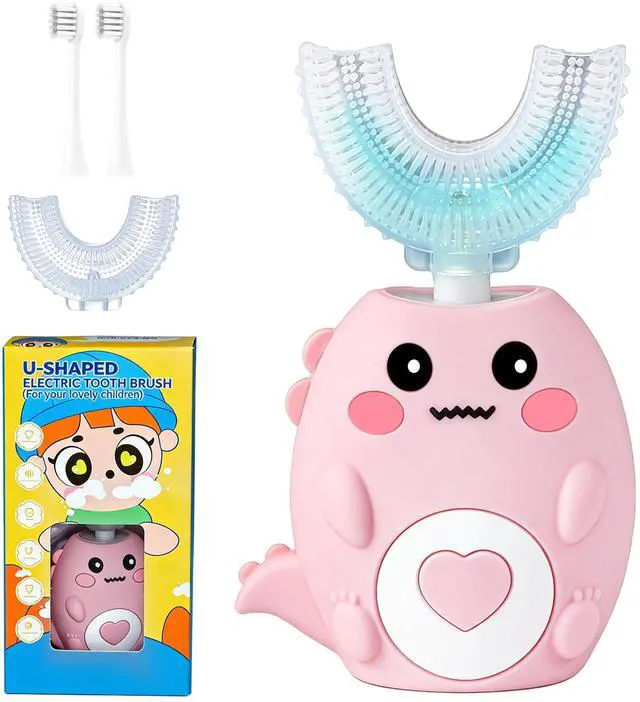 Main image of Kids Electric U Shaped Toothbrush for Ages 2-6, Sonic 360º Cleaning Toothbrush with 4 Brush Heads, 3 Modes, 50s Timer, IPX7 Waterproof, Cartoon Dinosaur Design, Gift for Boys & Girls (Pink)