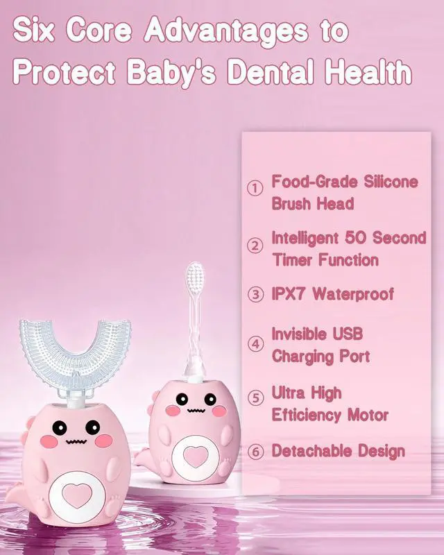 Alt view image 4 of 7 - Kids Electric U Shaped Toothbrush for Ages 2-6, Sonic 360º Cleaning Toothbrush with 4 Brush Heads, 3 Modes, 50s Timer, IPX7 Waterproof, Cartoon Dinosaur Design, Gift for Boys & Girls (Pink)