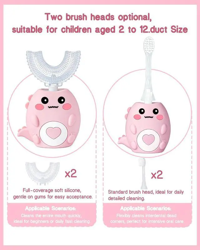 Alt view image 3 of 7 - Kids Electric U Shaped Toothbrush for Ages 2-6, Sonic 360º Cleaning Toothbrush with 4 Brush Heads, 3 Modes, 50s Timer, IPX7 Waterproof, Cartoon Dinosaur Design, Gift for Boys & Girls (Pink)