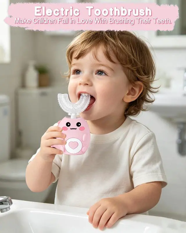 Alt view image 6 of 7 - Kids Electric U Shaped Toothbrush for Ages 2-6, Sonic 360º Cleaning Toothbrush with 4 Brush Heads, 3 Modes, 50s Timer, IPX7 Waterproof, Cartoon Dinosaur Design, Gift for Boys & Girls (Pink)