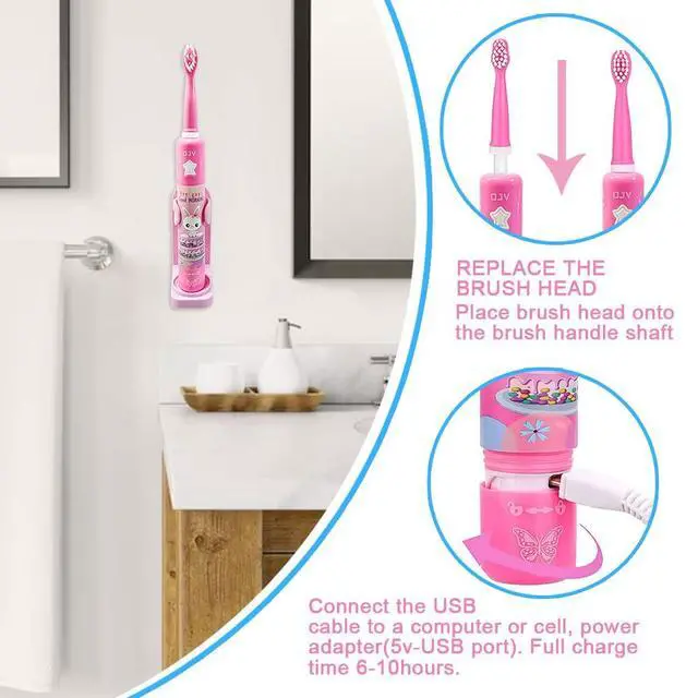 Alt view image 5 of 7 - 8620 Musical Electric Toothbrushes for Kids Children, 3 Modes 2 Min Timer, 6 Bristles Rechargeable Power Smart Sonic Music Play Song Toothbrush for Girls Age 3-14 with Wall Mounted Holder (Pink)