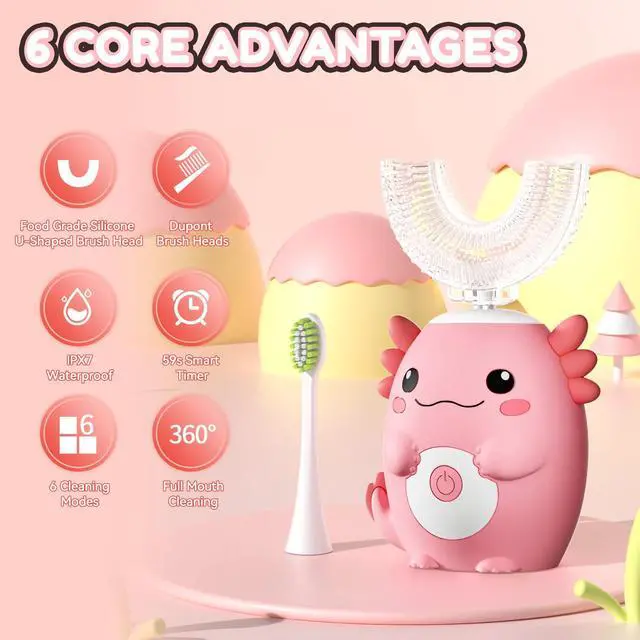 Alt view image 4 of 7 - Kids Electric U Shaped Toothbrush - Axolotl Kids Cartoon Sonic Automatic Toothbrush with 6 Brush Heads Full Mouth 6 Cleaning Modes - Age2-15 Pink