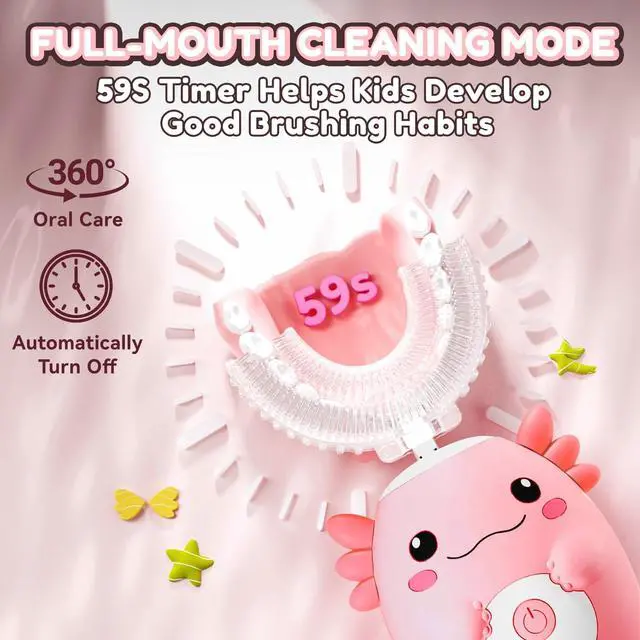 Alt view image 6 of 7 - Kids Axolotl Electric Toothbrush - Toddler U Shaped Sonic Automatic Toothbrush with 6 Brush Heads,IPX7 Waterproof Design, Full Mouth 6 Cleaning Modes for Age2-15 (Pink)