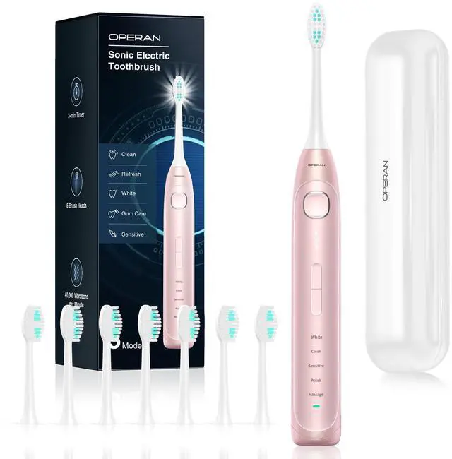 Main image of Electric Toothbrush for Adults and Kids Rechargeable Sonic Toothbrush with 5 Modes 2-Min Smart Timer IPX7 Waterproof 40,000 VPM Motor with 8 Brush Heads & Travel Case (Pink, 1Pack)