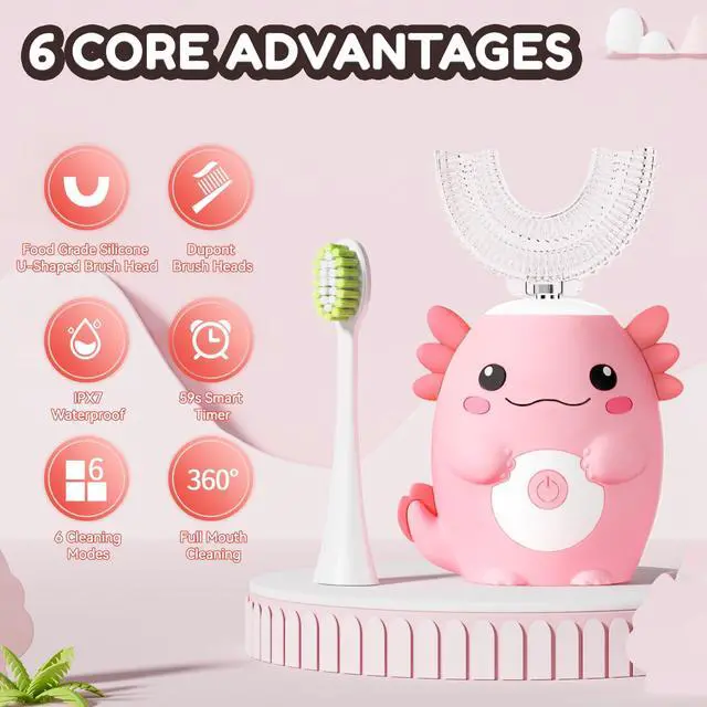Alt view image 2 of 7 - Kids Electric U Shaped Toothbrush,Kids Axolotl Sonic Full Mouth Toothbrush with 4 Soft Brush Head Automatic 6 Cleaning Modes IPX7 Waterproof 360 Degree Cleaning - Age2-15 Pink