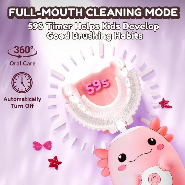 Alt view image 5 of 7 - Kids Electric U Shaped Toothbrush,Kids Axolotl Sonic Full Mouth Toothbrush with 4 Soft Brush Head Automatic 6 Cleaning Modes IPX7 Waterproof 360 Degree Cleaning - Age2-15 Pink