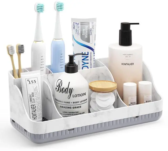 Main image of Bathroom Counter Organizer and Storage with 2 Pack Qtip Holder Dispenser, 7 Slots Detachable Toothbrush Holders for Bathrooms, Anti-Slip Electric Toothbrush and Toothpaste Holder Countertop