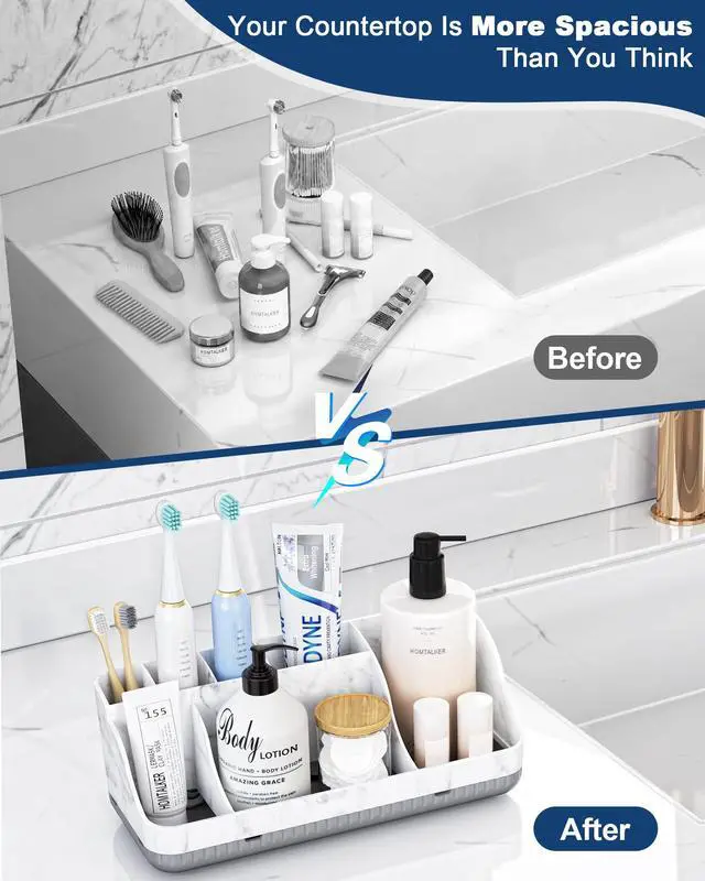 Alt view image 5 of 7 - Bathroom Counter Organizer and Storage with 2 Pack Qtip Holder Dispenser, 7 Slots Detachable Toothbrush Holders for Bathrooms, Anti-Slip Electric Toothbrush and Toothpaste Holder Countertop