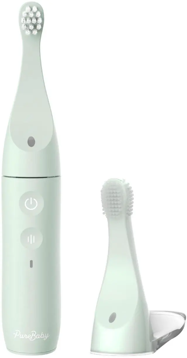 Main image of PureBaby Infant-to-Toddler Electric Toothbrush - Waterproof Baby & Toddler Toothbrush with Silicone & Bristle Heads, Sonic Vibration, & Timer - Ages 6 Mo-3 Yrs (Sage Green)