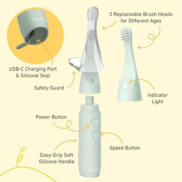 Alt view image 5 of 7 - PureBaby Infant-to-Toddler Electric Toothbrush - Waterproof Baby & Toddler Toothbrush with Silicone & Bristle Heads, Sonic Vibration, & Timer - Ages 6 Mo-3 Yrs (Sage Green)