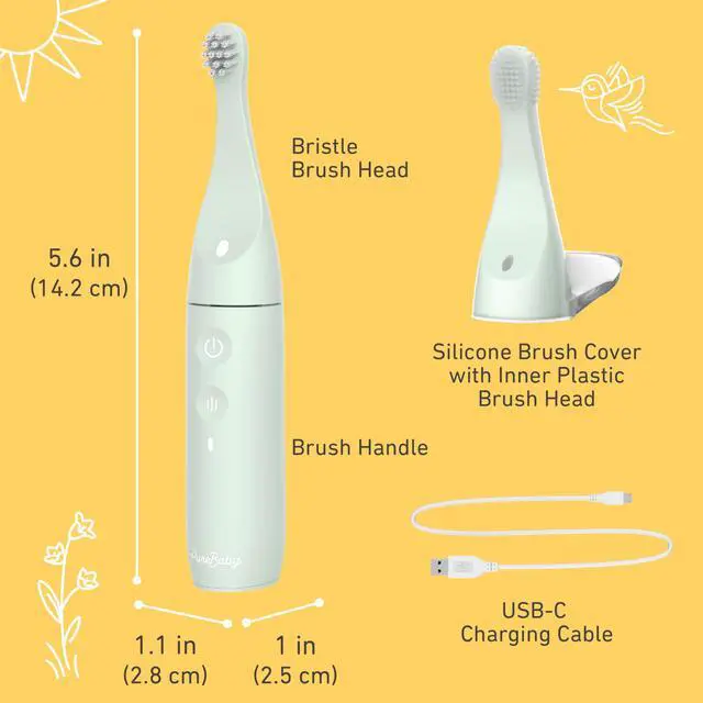 Alt view image 6 of 7 - PureBaby Infant-to-Toddler Electric Toothbrush - Waterproof Baby & Toddler Toothbrush with Silicone & Bristle Heads, Sonic Vibration, & Timer - Ages 6 Mo-3 Yrs (Sage Green)
