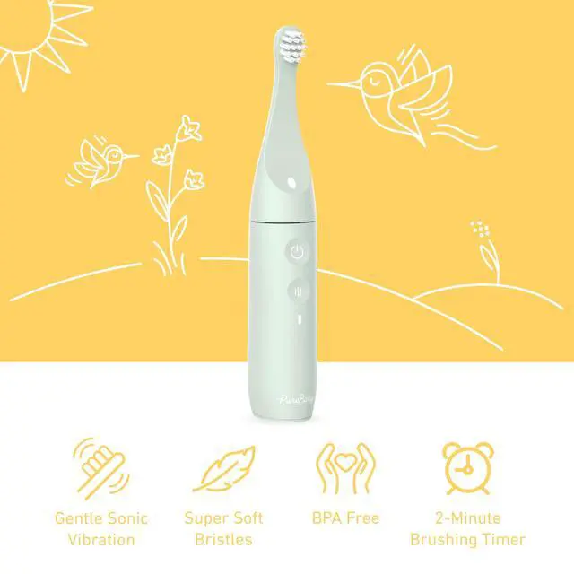Alt view image 3 of 7 - PureBaby Infant-to-Toddler Electric Toothbrush - Waterproof Baby & Toddler Toothbrush with Silicone & Bristle Heads, Sonic Vibration, & Timer - Ages 6 Mo-3 Yrs (Sage Green)