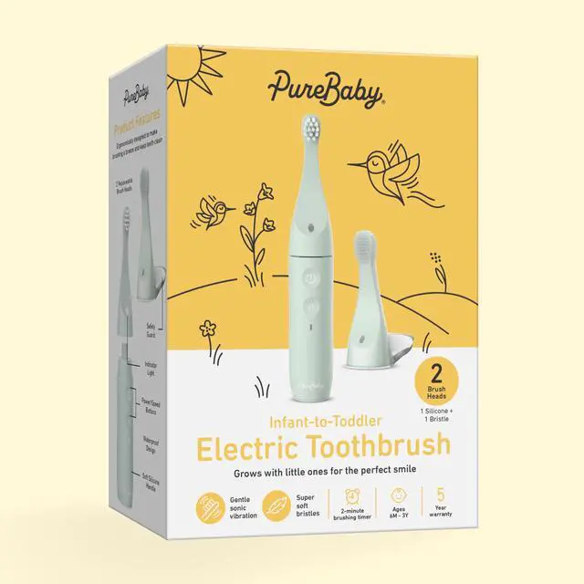 Alt view image 7 of 7 - PureBaby Infant-to-Toddler Electric Toothbrush - Waterproof Baby & Toddler Toothbrush with Silicone & Bristle Heads, Sonic Vibration, & Timer - Ages 6 Mo-3 Yrs (Sage Green)