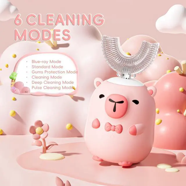 Alt view image 6 of 6 - Kids Electric Toothbrush U Shaped - Cartoon Capybara with 6 Brush Heads