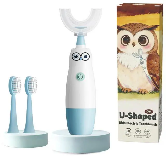 Main image of Kids Electric Toothbrush360-Degree Sonic Vibration, IPX7 Waterproof,Toddler U Shaped Toothbrush with 2 Soft Brush Head,Cute Owl Design Baby Toothbrush for Ages 27Blue