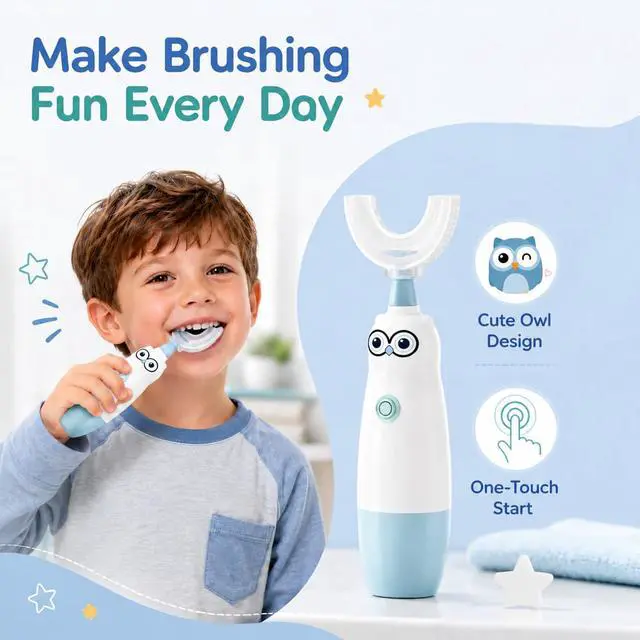 Alt view image 2 of 7 - Kids Electric Toothbrush360-Degree Sonic Vibration, IPX7 Waterproof,Toddler U Shaped Toothbrush with 2 Soft Brush Head,Cute Owl Design Baby Toothbrush for Ages 27Blue