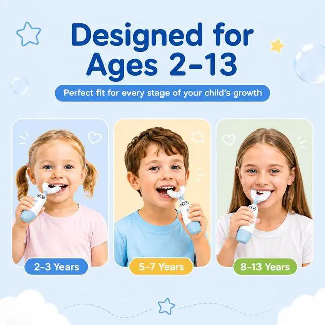 Alt view image 3 of 7 - Kids Electric Toothbrush360-Degree Sonic Vibration, IPX7 Waterproof,Toddler U Shaped Toothbrush with 2 Soft Brush Head,Cute Owl Design Baby Toothbrush for Ages 27Blue