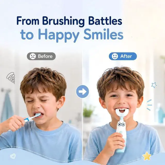 Alt view image 6 of 7 - Kids Electric Toothbrush360-Degree Sonic Vibration, IPX7 Waterproof,Toddler U Shaped Toothbrush with 2 Soft Brush Head,Cute Owl Design Baby Toothbrush for Ages 27Blue