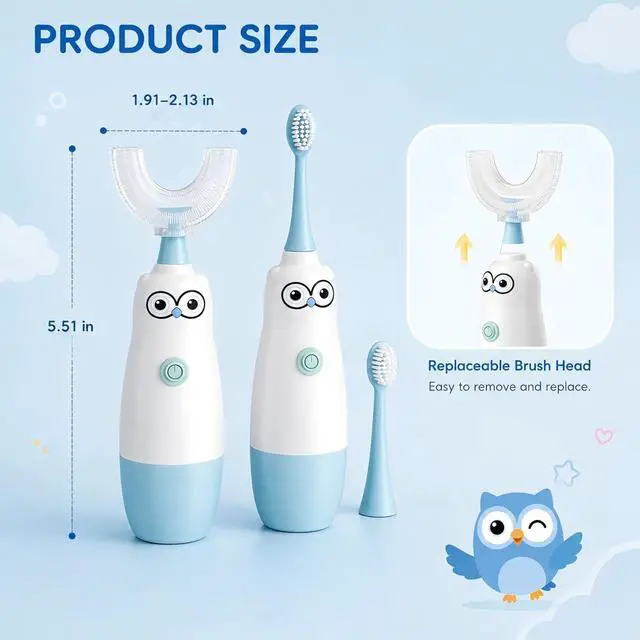Alt view image 7 of 7 - Kids Electric Toothbrush360-Degree Sonic Vibration, IPX7 Waterproof,Toddler U Shaped Toothbrush with 2 Soft Brush Head,Cute Owl Design Baby Toothbrush for Ages 27Blue