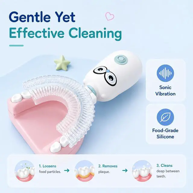 Alt view image 5 of 7 - Kids Electric Toothbrush360-Degree Sonic Vibration, IPX7 Waterproof,Toddler U Shaped Toothbrush with 2 Soft Brush Head,Cute Owl Design Baby Toothbrush for Ages 27Blue