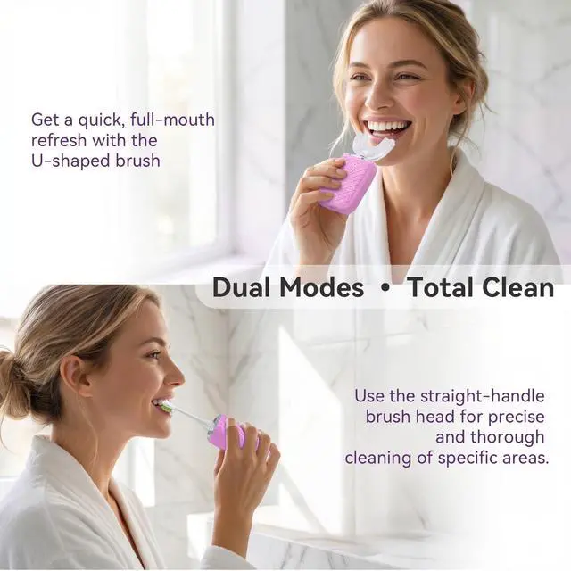 Alt view image 2 of 7 - Sonic Electric U Shaped Toothbrush for Adults, Automatic Full Mouth Cleaning Toothbrush, 360° Stain Removal, IPX7 Waterproof Rechargeable, 3 U-Shape & 2 Straight Brush Heads (Pink)