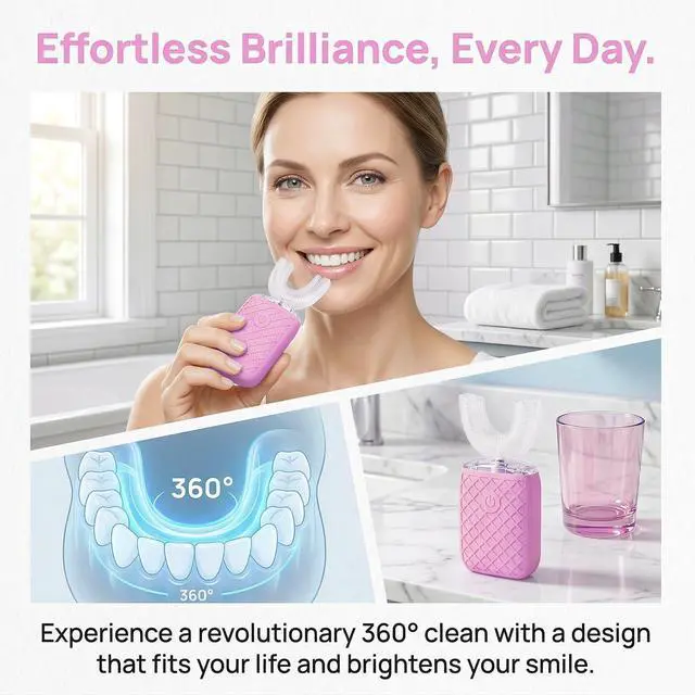 Alt view image 3 of 7 - Sonic Electric U Shaped Toothbrush for Adults, Automatic Full Mouth Cleaning Toothbrush, 360° Stain Removal, IPX7 Waterproof Rechargeable, 3 U-Shape & 2 Straight Brush Heads (Pink)