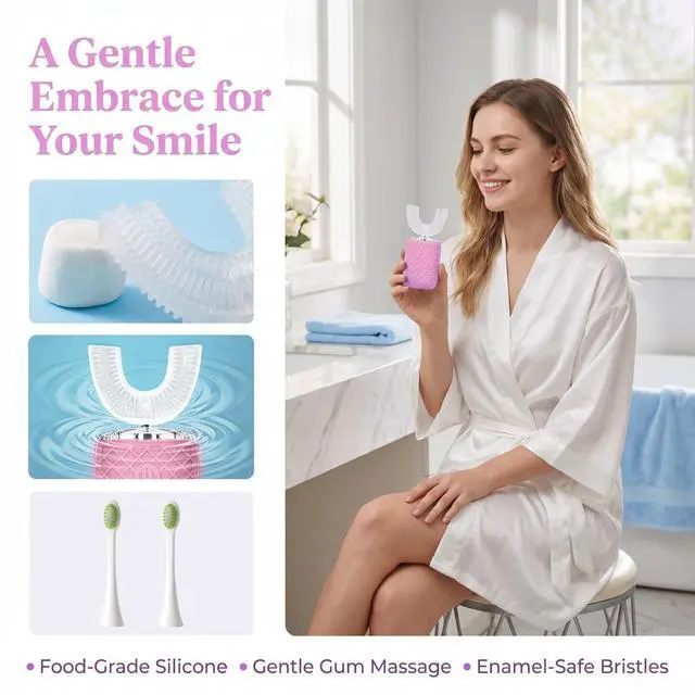Alt view image 4 of 7 - Sonic Electric U Shaped Toothbrush for Adults, Automatic Full Mouth Cleaning Toothbrush, 360° Stain Removal, IPX7 Waterproof Rechargeable, 3 U-Shape & 2 Straight Brush Heads (Pink)