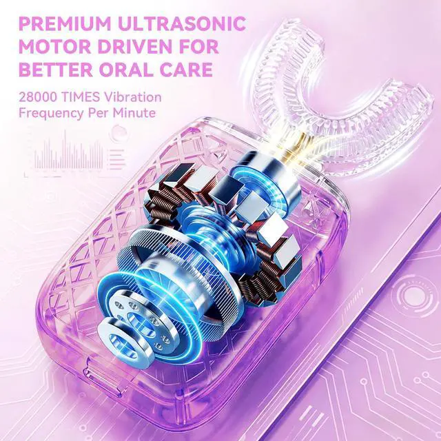 Alt view image 5 of 7 - Sonic Electric U Shaped Toothbrush for Adults, Automatic Full Mouth Cleaning Toothbrush, 360° Stain Removal, IPX7 Waterproof Rechargeable, 3 U-Shape & 2 Straight Brush Heads (Pink)