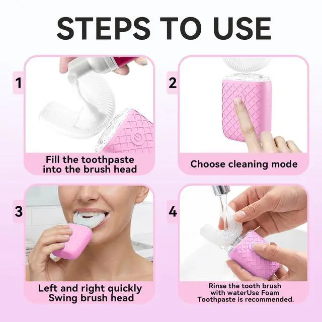 Alt view image 7 of 7 - Sonic Electric U Shaped Toothbrush for Adults, Automatic Full Mouth Cleaning Toothbrush, 360° Stain Removal, IPX7 Waterproof Rechargeable, 3 U-Shape & 2 Straight Brush Heads (Pink)