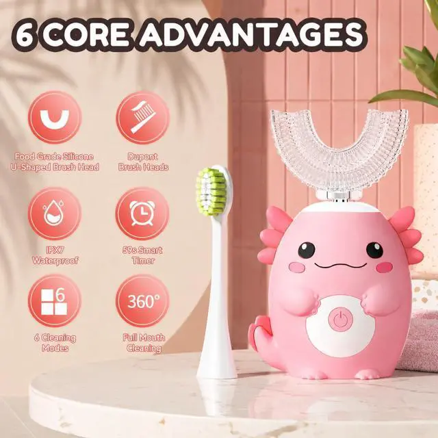 Alt view image 3 of 7 - Kids Axolotl Electric Toothbrush - Toddler U Shaped Sonic Automatic Toothbrush with 6 Brush Heads,IPX7 Waterproof Design, Full Mouth 6 Cleaning Modes for Age2-15 (Pink)