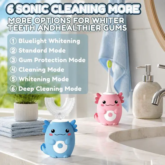 Alt view image 2 of 7 - Kids Axolotl Electric Toothbrush - Toddler U Shaped Sonic Automatic Toothbrush with 6 Brush Heads,IPX7 Waterproof Design, Full Mouth 6 Cleaning Modes for Age2-15 (Pink)