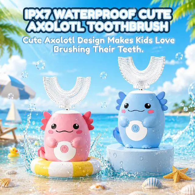 Alt view image 4 of 7 - Kids Axolotl Electric Toothbrush - Toddler U Shaped Sonic Automatic Toothbrush with 6 Brush Heads,IPX7 Waterproof Design, Full Mouth 6 Cleaning Modes for Age2-15 (Pink)