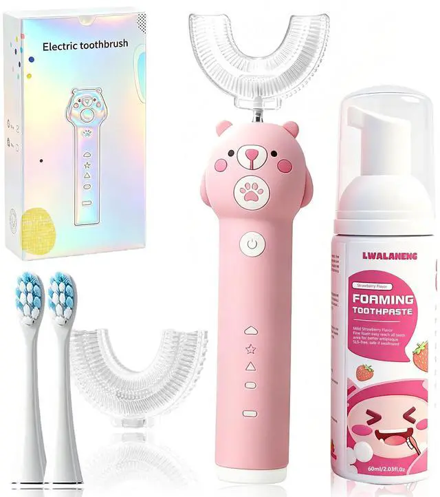 Main image of Kids Electric Toothbrush, with 4 Cleaning Modes, with 4 Brush Heads, Toddler U Shaped Toothbrush with 2 Soft Brush HeadCartoon Bear 360-Degree Cleaning IPX7 Waterproof Design (Ages 2-16)