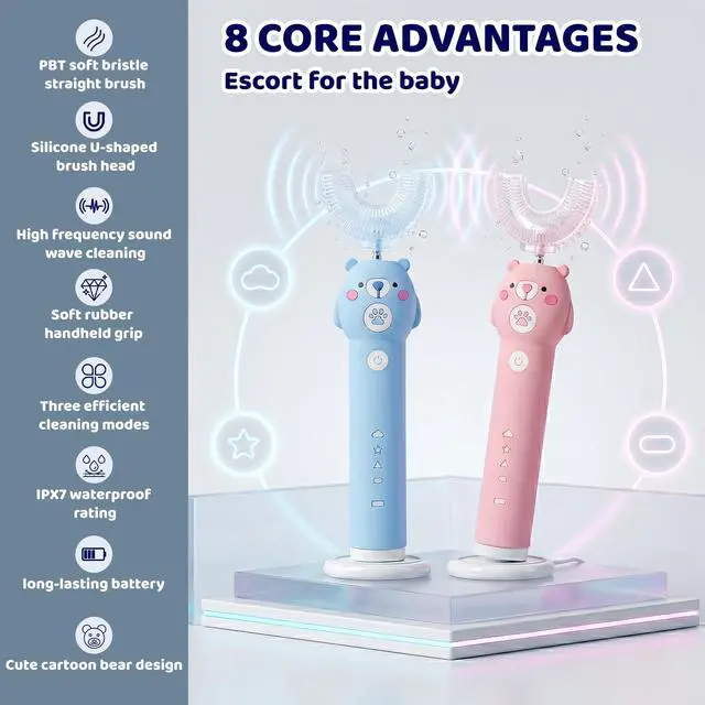 Alt view image 4 of 7 - Kids Electric Toothbrush, with 4 Cleaning Modes, with 4 Brush Heads, Toddler U Shaped Toothbrush with 2 Soft Brush HeadCartoon Bear 360-Degree Cleaning IPX7 Waterproof Design (Ages 2-16)