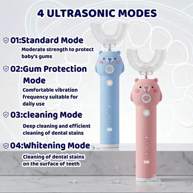 Alt view image 5 of 7 - Kids Electric Toothbrush, with 4 Cleaning Modes, with 4 Brush Heads, Toddler U Shaped Toothbrush with 2 Soft Brush HeadCartoon Bear 360-Degree Cleaning IPX7 Waterproof Design (Ages 2-16)