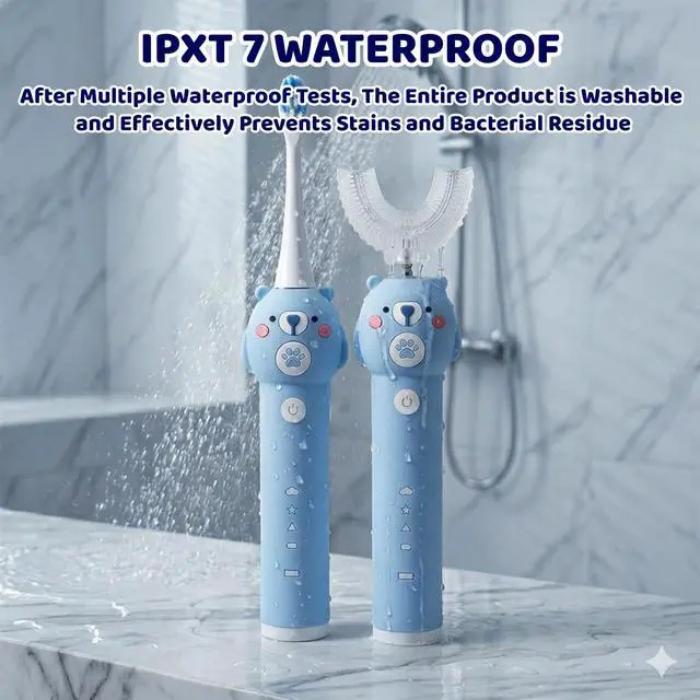 Alt view image 7 of 7 - Kids Electric Toothbrush, with 4 Cleaning Modes, with 4 Brush Heads, Toddler U Shaped Toothbrush with 2 Soft Brush HeadCartoon Bear 360-Degree Cleaning IPX7 Waterproof Design (Ages 2-16)