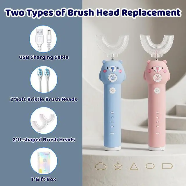 Alt view image 6 of 7 - Kids Electric Toothbrush, with 4 Cleaning Modes, with 4 Brush Heads, Toddler U Shaped Toothbrush with 2 Soft Brush HeadCartoon Bear 360-Degree Cleaning IPX7 Waterproof Design (Ages 2-16)