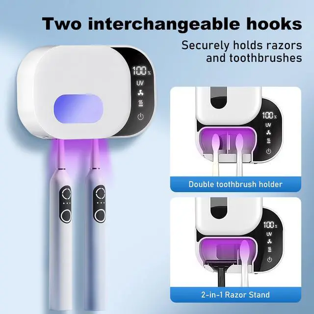 Alt view image 5 of 7 - Upgraded Toothbrush Cleaner Holder Wall Mounted, Razor Electric Toothbrush Holder for Bathroom, LED Smart Screen, with Auto-Inductive Cover, Air Drying and 60-Degree Drying, for Home, Travel