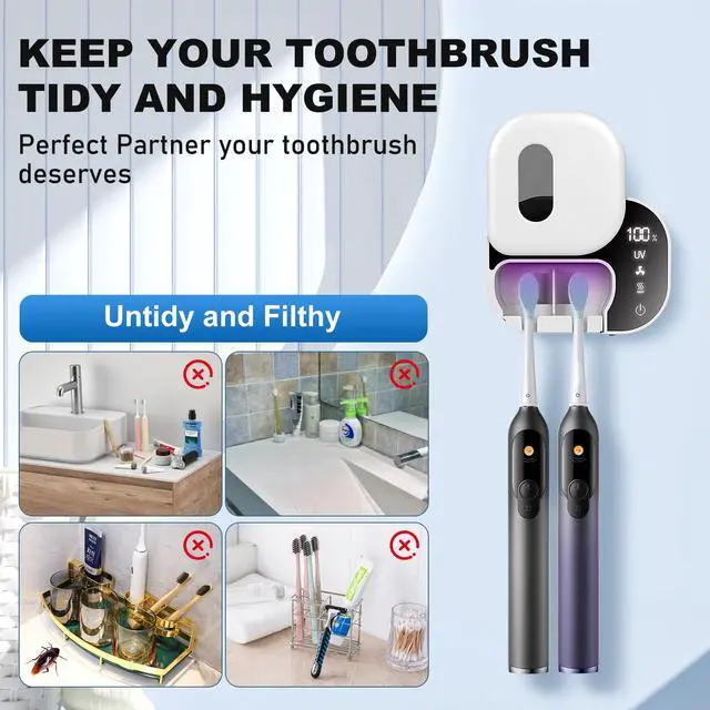 Alt view image 6 of 7 - Upgraded Toothbrush Cleaner Holder Wall Mounted, Razor Electric Toothbrush Holder for Bathroom, LED Smart Screen, with Auto-Inductive Cover, Air Drying and 60-Degree Drying, for Home, Travel