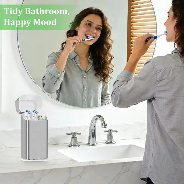 Alt view image 3 of 7 - Electric Toothbrush Holder with Cover, Ventilated & Drainage, Silver