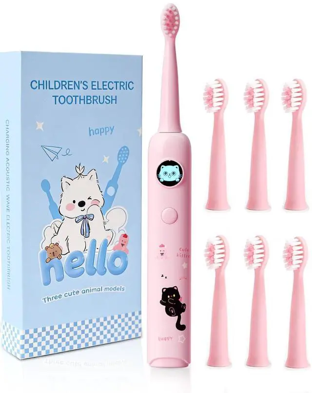 Main image of Kids Electric Toothbrush, Sonic Rechargeable Toothbrush with 6 Replacement Heads, Soft Bristle, IPX7 Waterproof, LED Display, Oral Care for Toddlers & Children Aged 2+ Years(Pink)