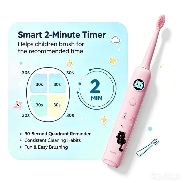 Alt view image 5 of 7 - Kids Electric Toothbrush, Sonic Rechargeable Toothbrush with 6 Replacement Heads, Soft Bristle, IPX7 Waterproof, LED Display, Oral Care for Toddlers & Children Aged 2+ Years(Pink)