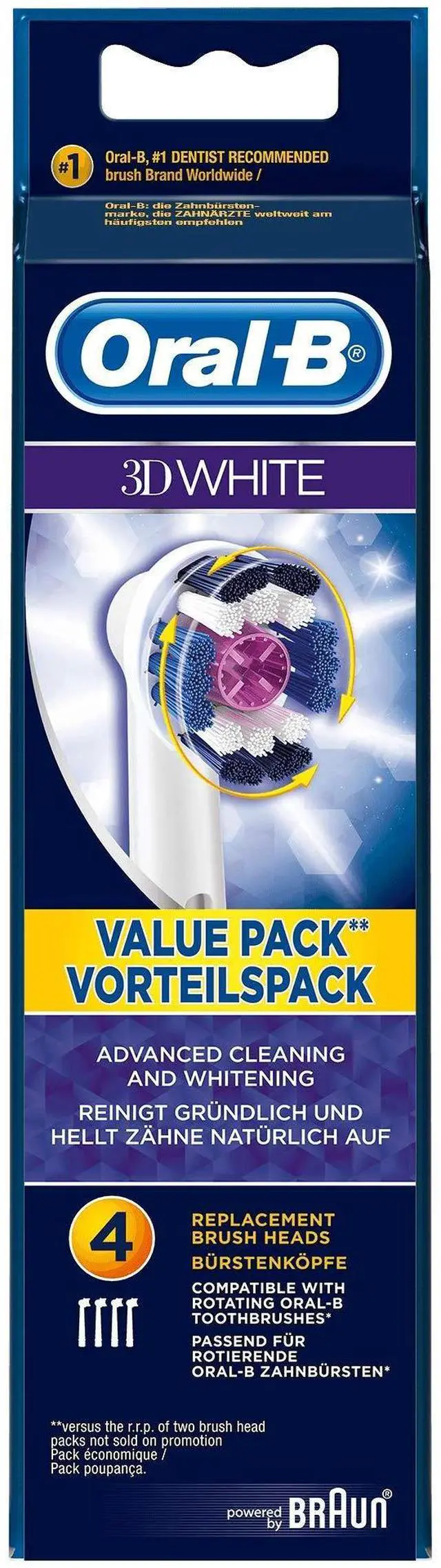 Main image of 3D White Toothbrush Heads Pack of 4 Replacement Refills for Electric Rechargeable Toothbrush