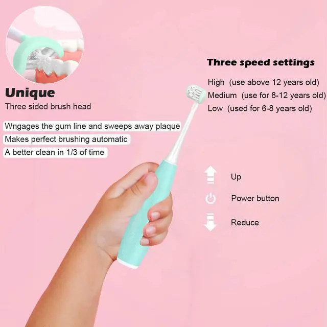 Alt view image 6 of 7 - Triple Best Kids Sonic Toothbrush,Rechargeable 32000 VPM Tooth Brush,Patented 3 Brush Head Design,Angled Bristles Clean Each Tooth,for Kids 3+ (Blue)