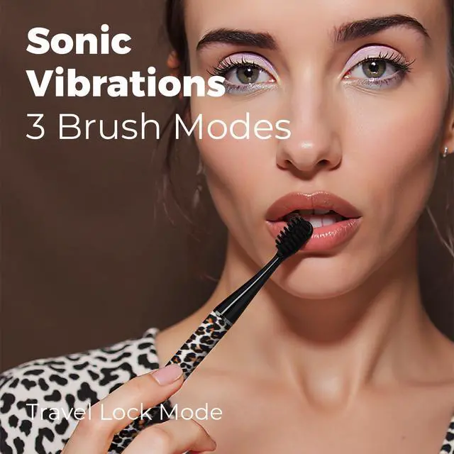 Alt view image 2 of 7 - Brush GO SlimPro i4 Electric Toothbrush Rechargeable Smart Ultra Sonic 3 Modes, Travel Case & Ceramic Dock, 60Day Battery Soft Bristles 2 Heads IPX7 Waterproof, Color-Leopard Edition