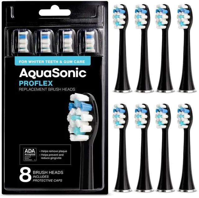 Main image of Genuine Proflex Replacement Brush Heads | ADA Accepted | for Whiter Teeth & Gum Care | Compatible with Many AquaSonic Toothbrush Handles (8 Pack Black)