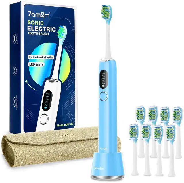 Main image of Sonic Electric Toothbrush for Adults&Teens with LED Screen, 5 Modes, One Charge for 365 Days, 2 Minute Timer, with 8 Brush Heads and Travel Case (Light Blue)