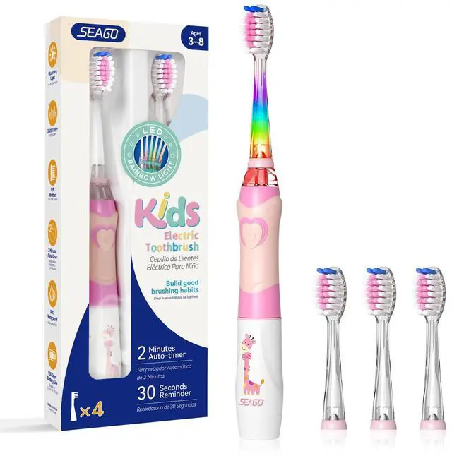 Main image of Kids Electric Toothbrush, Timer, LED Light, AAA-Powered, 4 Heads