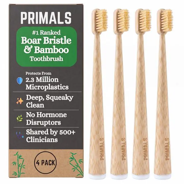 Main image of Boar Bristle & Bamboo Toothbrush (4-Pack) - Premium Boar Bristles - Fully Biodegradable - Plastic & Nylon Free - Quick Dry Design